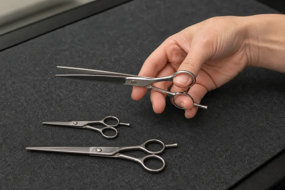 A hand checking the fit of a cutting shear above two comparison tools.