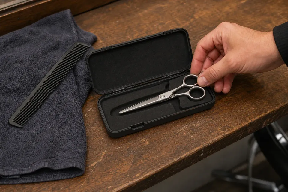 A hand placing a closed shear into a fitted protective case.
