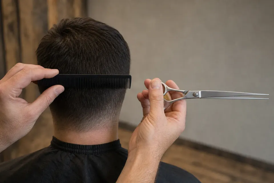 A barber holding a comb and long cutting shear beside a short haircut.