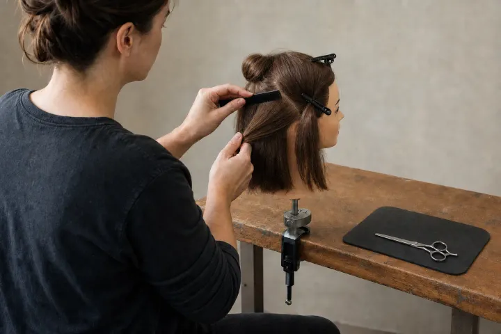 An adult student practising a haircut on a training mannequin.