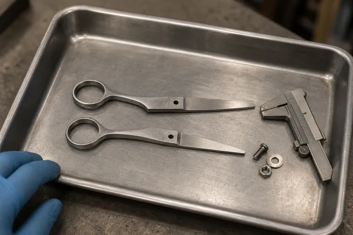 Unfinished shear halves and pivot parts arranged with a caliper on a metal tray.