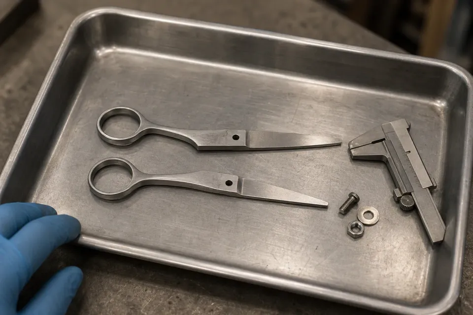 Unfinished shear halves and pivot parts arranged with a caliper on a metal tray.