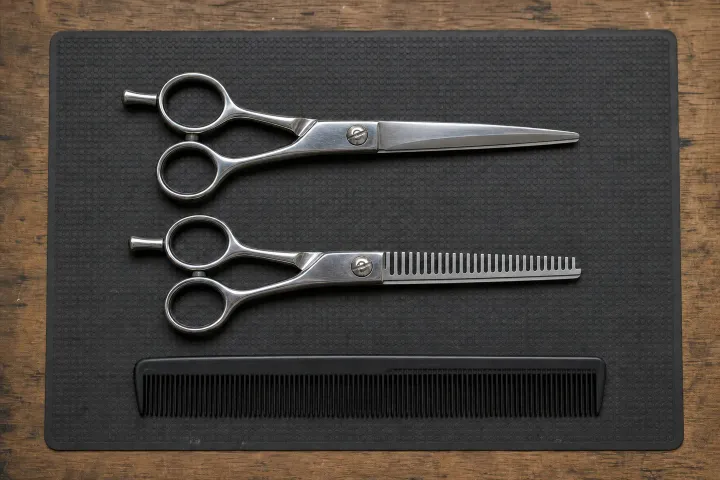 A cutting shear, thinning shear and comb laid out side by side on a dark mat.