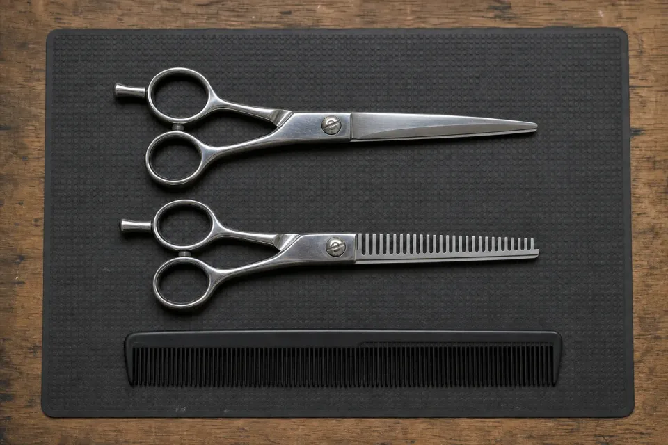 A cutting shear, thinning shear and comb laid out side by side on a dark mat.