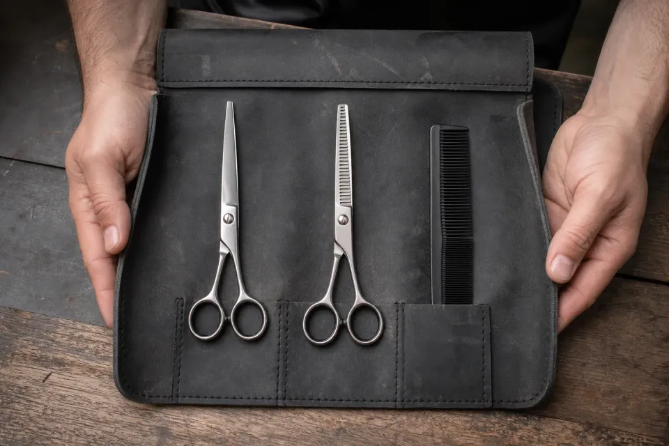 Cutting and thinning shears arranged in an open tool roll beside a comb.