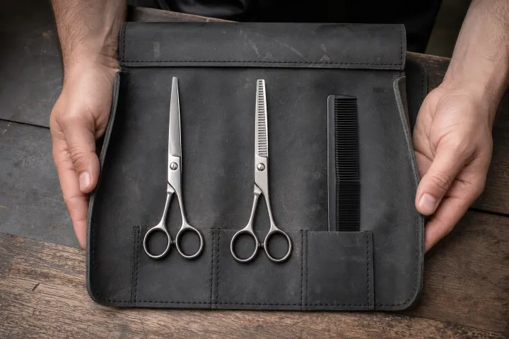 Cutting and thinning shears arranged in an open tool roll beside a comb.