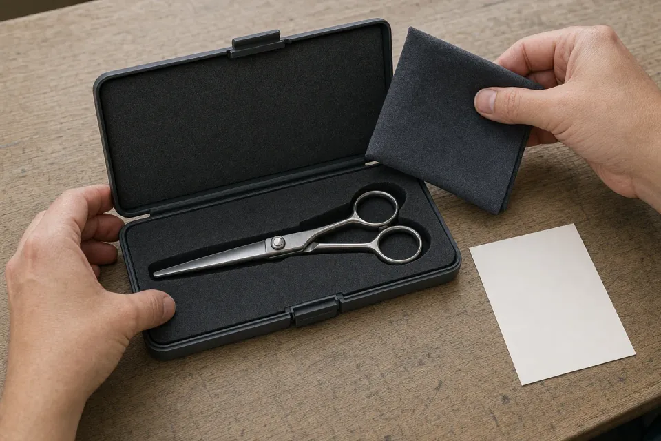 A closed shear protected inside a rigid case with a cloth ready for service packing.