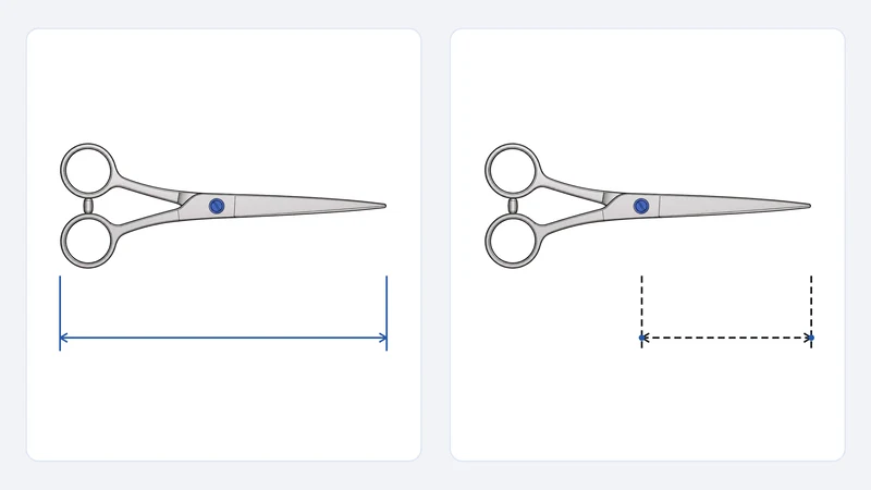 Two shear diagrams comparing overall tool length with pivot-to-tip blade length.
