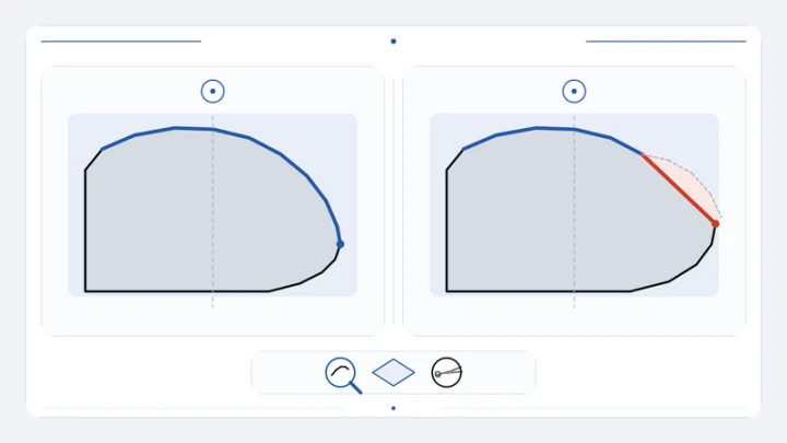 Diagram comparing an intact curved convex edge with an altered flat edge.