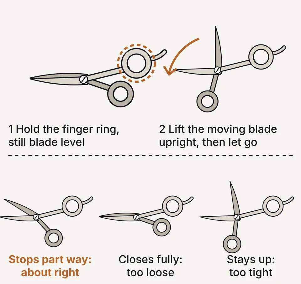 Hold the finger ring with the still blade level, lift the moving blade upright and let go. If it stops part way the tension is about right; if it closes fully it is too loose; if it stays up it is too tight.
