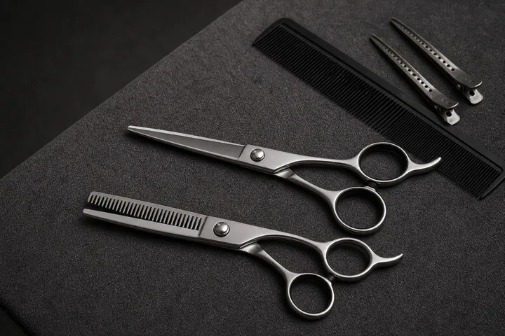 A cutting shear and thinning shear beside a comb and sectioning clips on a dark mat.