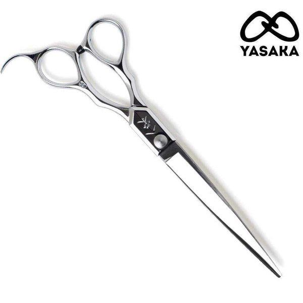 Front angle of Yasaka 7-inch barber shear on white background.